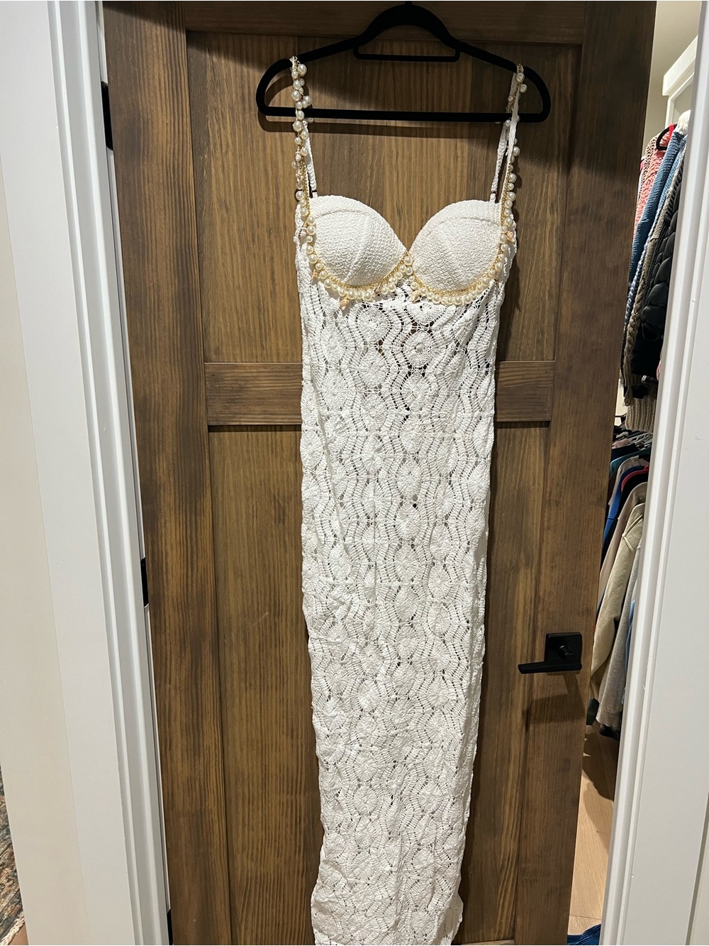 Fashion Nova White Crochet Maxi Swim Coverup with Shell Trim